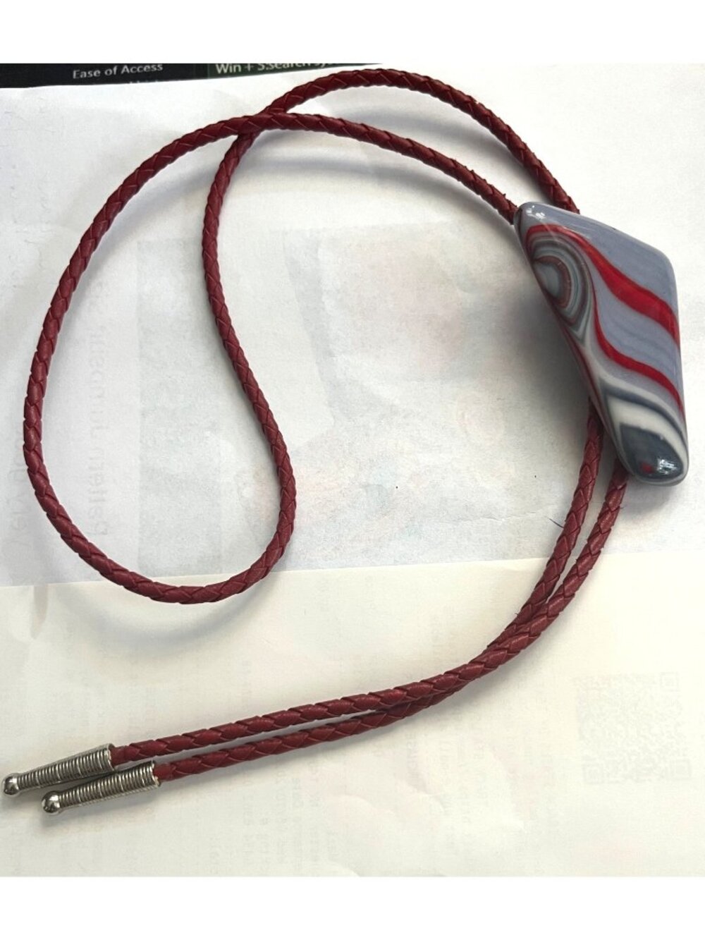 Red & Grayish blue Bolo Tie With Abstract Patterned Glass Pendant